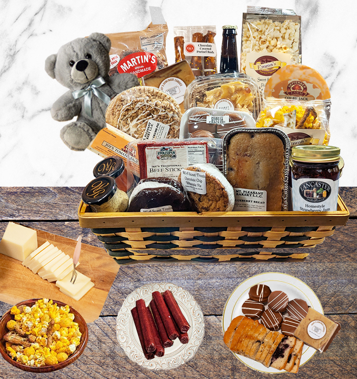 Our largest food gift basket is filled with the largest selection of Amish gourmet snacks and baked goods.