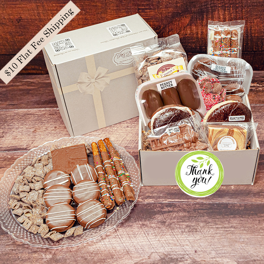 Chocolat Thank You Gift basket is a delight of gourmet chocolate snacks from our Amish artisans.