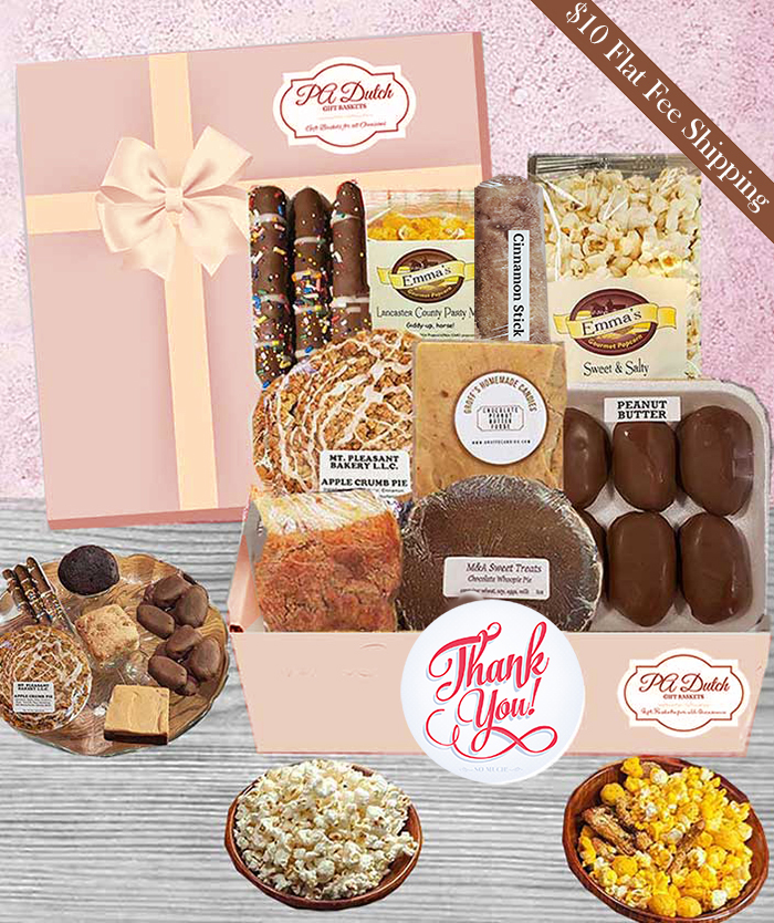 Thank You Gift Baskets is filled with Amish baked goods and gourmet snacks.