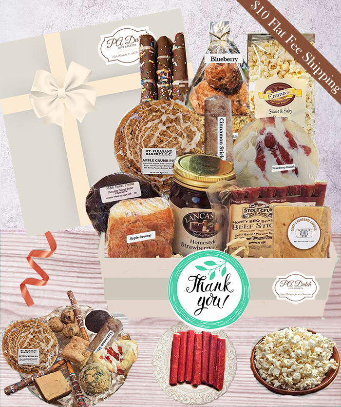 Thank You Gifts basket is a box filled with Amish gourmet snacks, baked goods, and spreads.