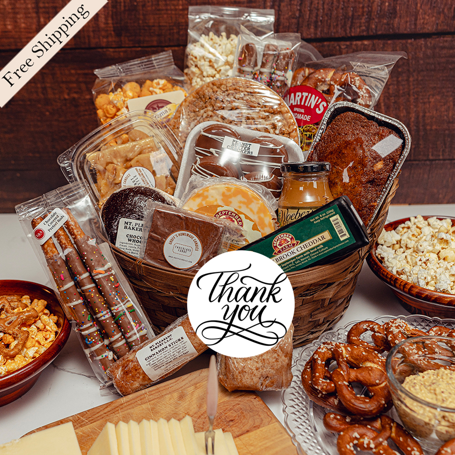 Unique Thank You Gift Baskets is filled with our best Amish gourmet cheese, baked goods, and snacks.