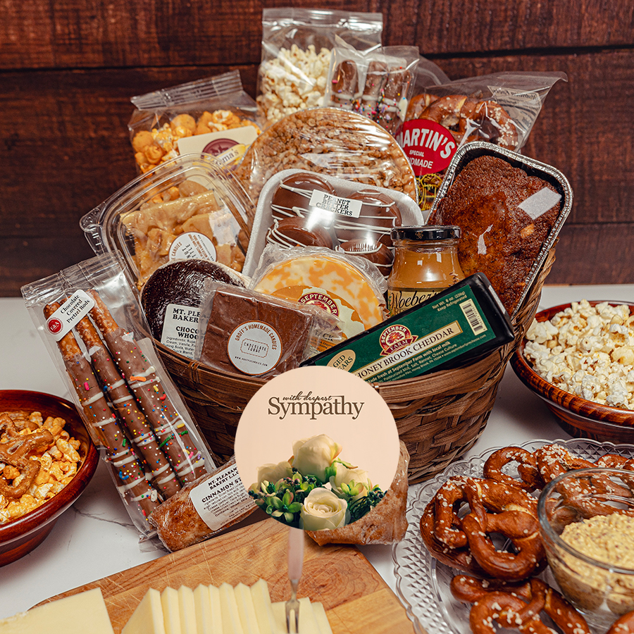 Unique sympathy gift basket if filled with Amish home made sweet and savory flavors.