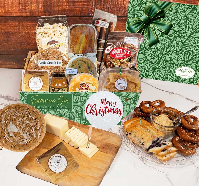 The Holiday Gift Basket is filled with a full mix of Amish baked goods and gourmet snacks.