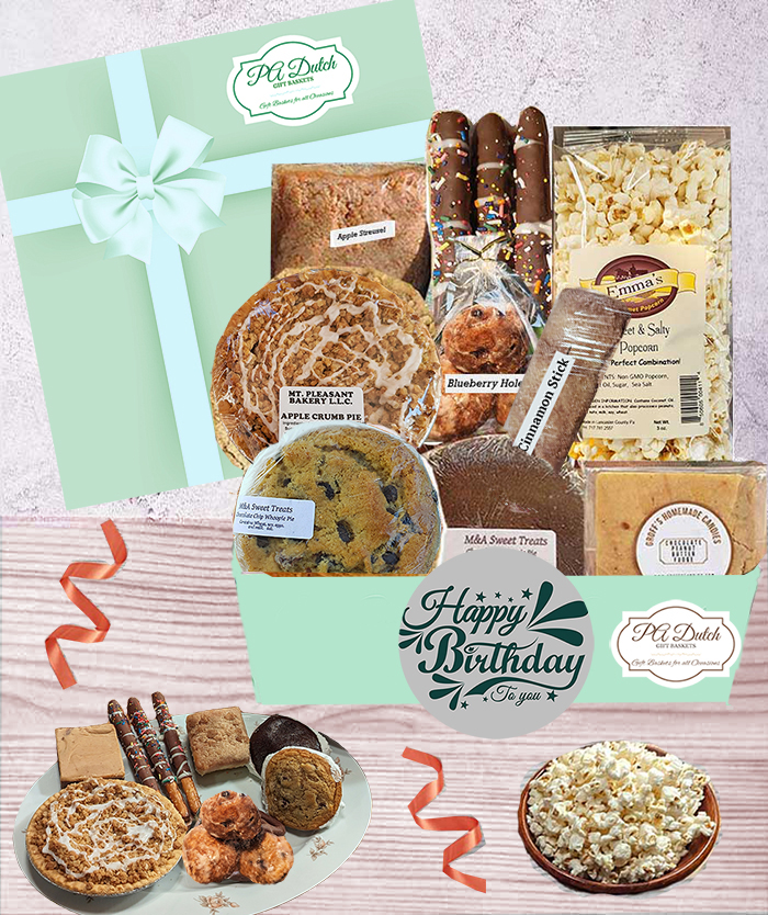 Sending our birthday gift box is filled with gourmet foods, baked goods, chocolates and more that will get pleny of rave reviews