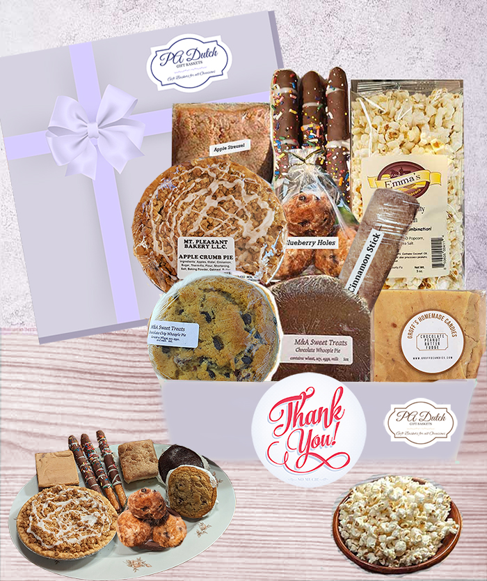 Our thank you gift offers apple or shoo fly pie, fudge, streusel and much more that we ship direct and customize to the occasion 