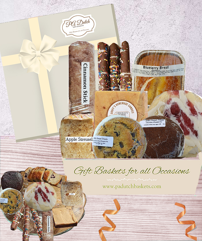 Our gift basket delivery comes from Lancaster, PA well known for their famous baked good, chocolates and cheeses that we offer delivery