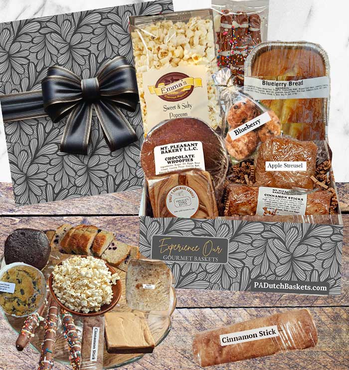 Our gift basket delivery comes from Lancaster, PA well known for their famous baked good, chocolates and cheeses that we offer delivery