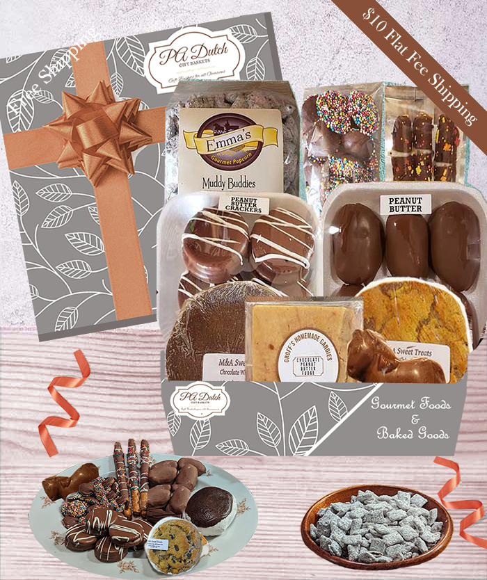 Our chocolate gift baskets are filled with Lancaster PA Dutch chocolates, fudge and delicious baked goods loved by everyone