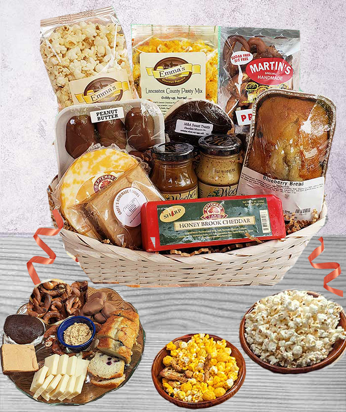 Our gourmet baskets are filled with cheeses, gourmet foods, snacks and much more