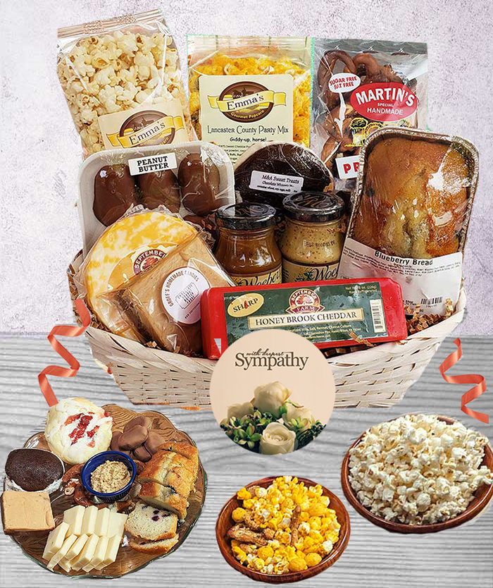 Very few sympathy gift ideas offer comfort foods that will last for days and be shared during such a difficult time as our PA Dutch baskets