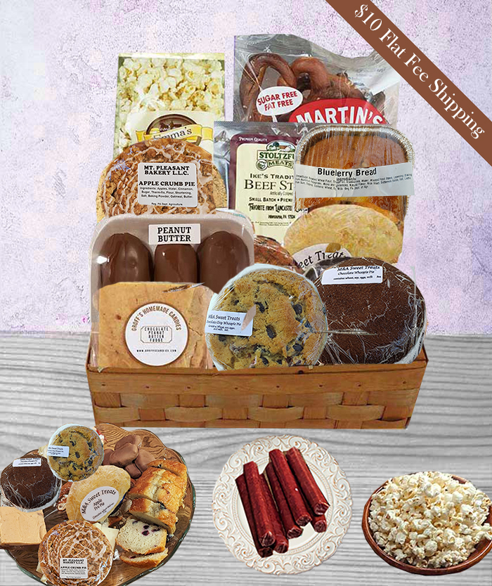 Delicious gourmet snack basket filled with Lancaster, PA Dutch baked goods, chocolates, gourmet cheeses and more with delivery