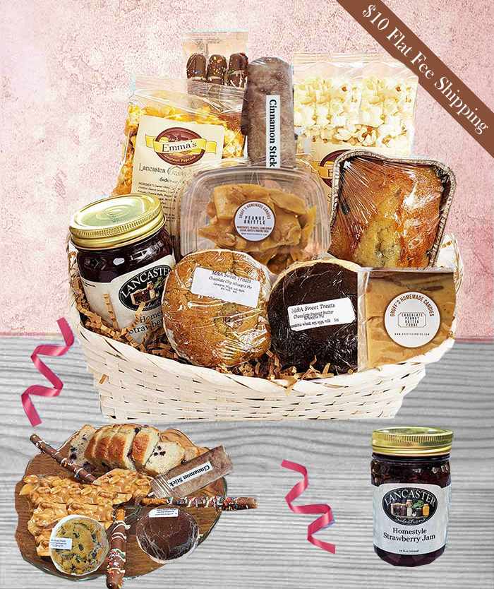 Our uniuqe gift baskets include Lancaster, PA treats, cheeses, and gourmet foods