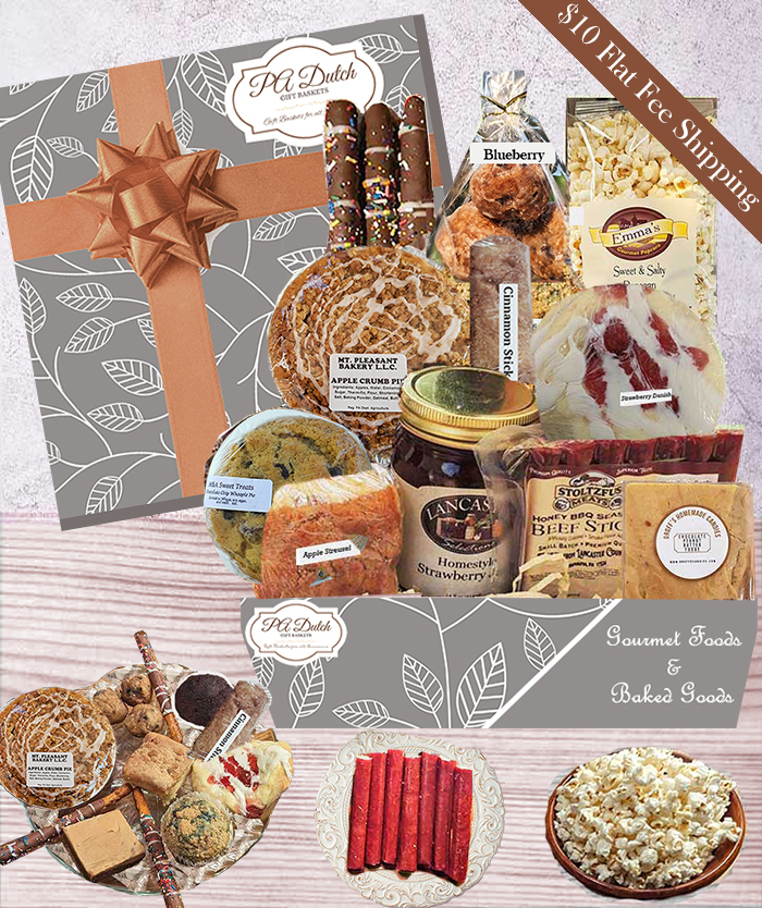 Our custom gift baskets include Lancaster, PA treats, cheeses, and gourmet foods