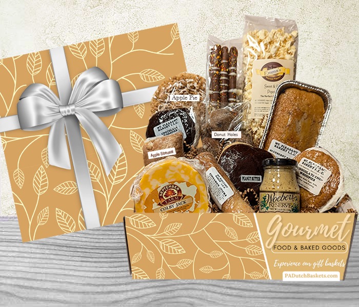 Our personalized food gift box filled with gourmet Amish sweet and savory snacks and baked goods.