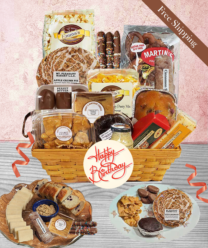 Our Birthday gift the Savory Flavors is our best seller with many PA Dutch gourmet cheeses, foods, baked goods and delicious chocolates