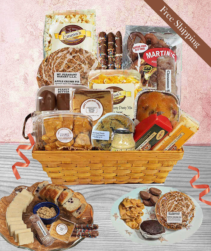 Our Savory Flavors best gift baskets is our most popular with baked pies, blueberry bread, brittle, fudge, apple pie and so much more