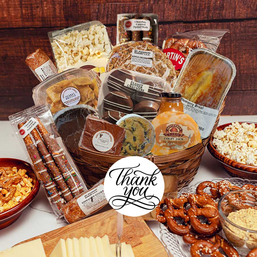 Our unique thank you gift baskets come from the Amish in Lancaster, PA and offer the most delicious baked goods, chocolates, gourmet foods and much more that are loved by everyone