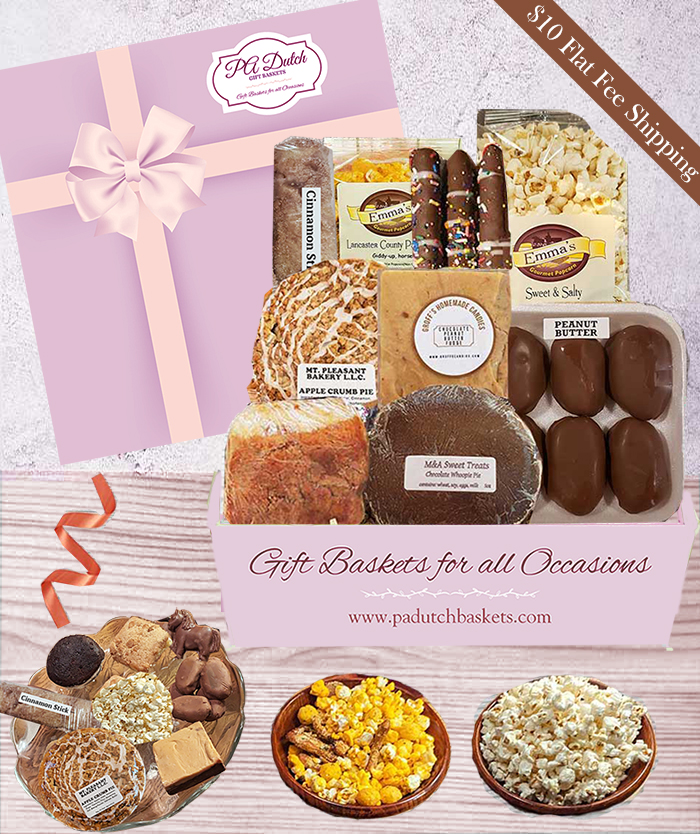 Our food gift baskets include Lancaster, PA treats, cheeses, and gourmet foods
