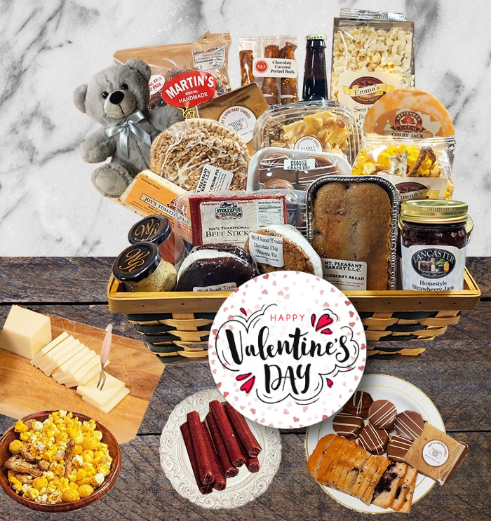 Our Valentine's Day Basket is our largest basket filled with the best of PA Dutch Baskets Amish gourmet sweet and savory food. Makes a great basket to share with your Valentine.