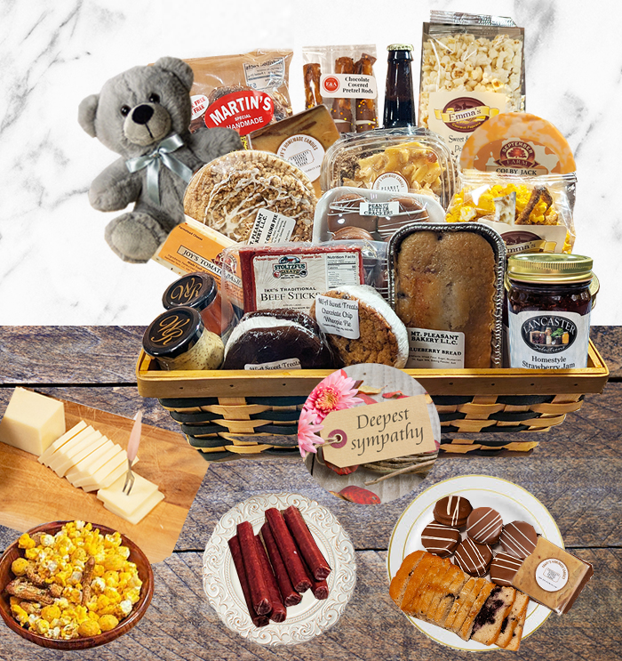 Sympathy gift of fresh Amish baked goods and artisan cheeses, a heartfelt gesture of compassion and support in times of loss.