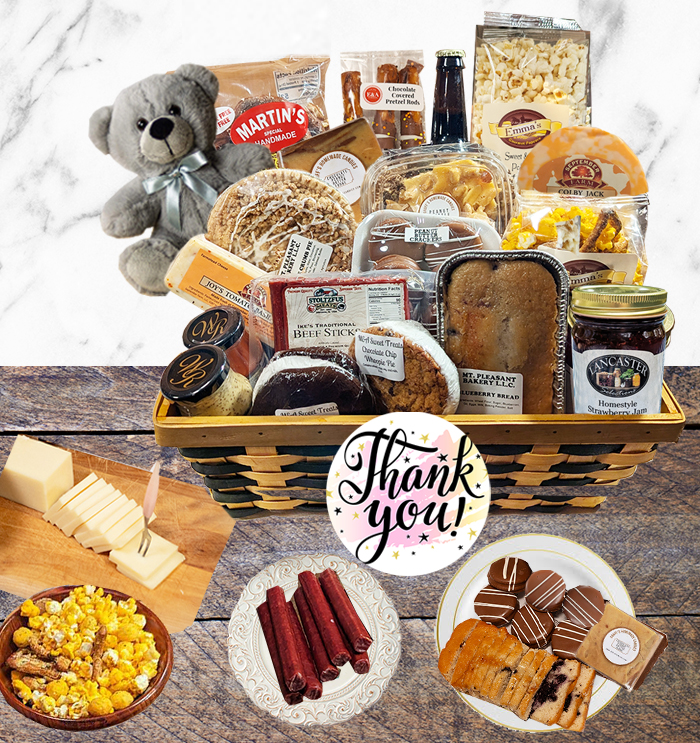 Send a thoughtful thank you gift basket brimming with gourmet snacks and handcrafted treats, perfect for showing your gratitude