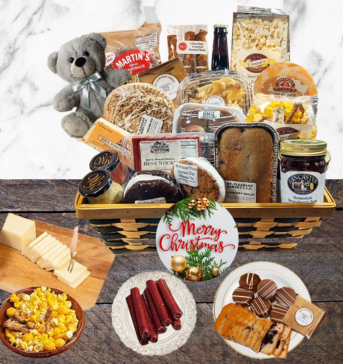 Holiday food gift basket from PA Dutch filled with gourmet snacks and baked food to share.