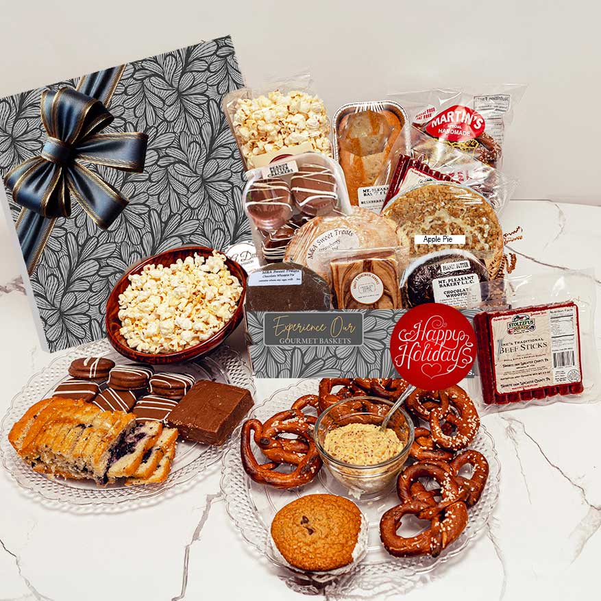 Surprise loved ones with a Christmas gift box packed with delicious goodies like savory cheeses, sweet fudge, and homemade Amish treats. A joyful holiday treat for all